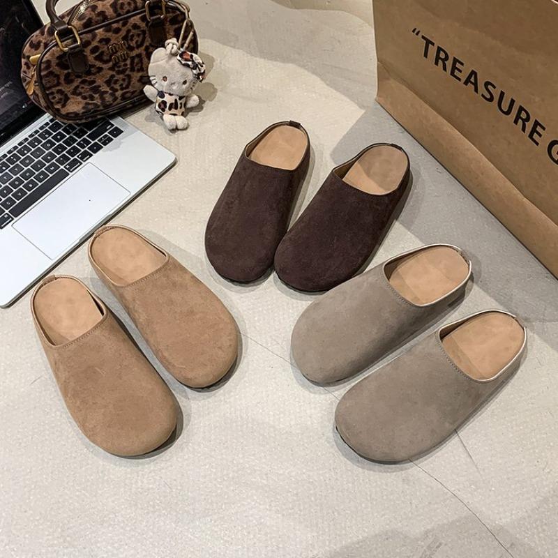New Women's Slippers Closed Toe Round Toe Suede Clogs Sandals Autumn New Retro Solid Color Flat Bottom Women's Slingback Shoes