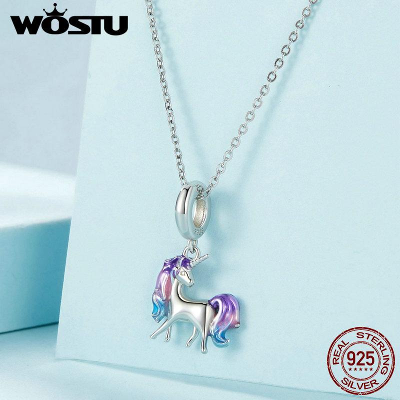 WOSTU Real 925 Sterling Silver Rainbow Unicorn Pendant Moon Charms Rainbow Crytal Bead Fit Original Bracelet DIY Necklace Gift