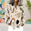 Women Plus Size Collared Neck Long Sleeve Geometric Printed White Button Front Curved Hem Shirt