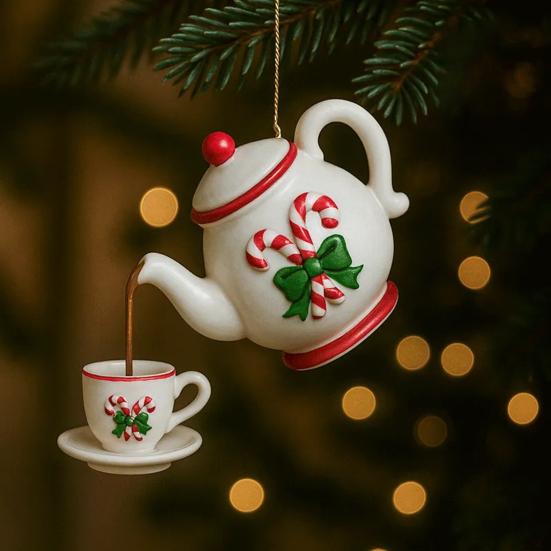 Винтажный чайник и чайная чашка Рождественское украшение со снежинкой