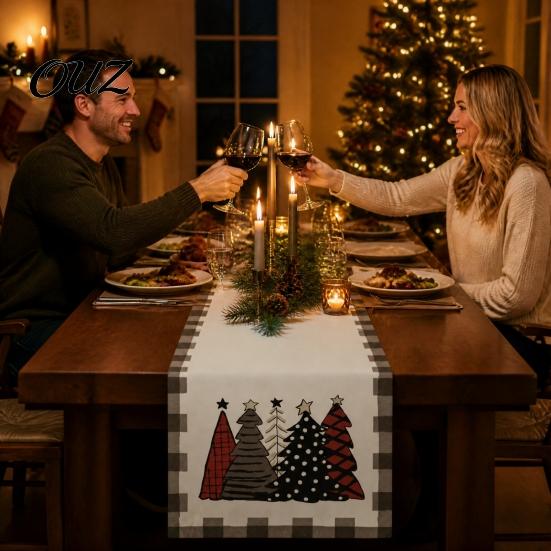Winter Tablecloth Christmas Table Runner, Xmas Tree Ball Reindeer Print Seasonal Runner Tablecloth, Holiday Party Dining Decoration Decorations