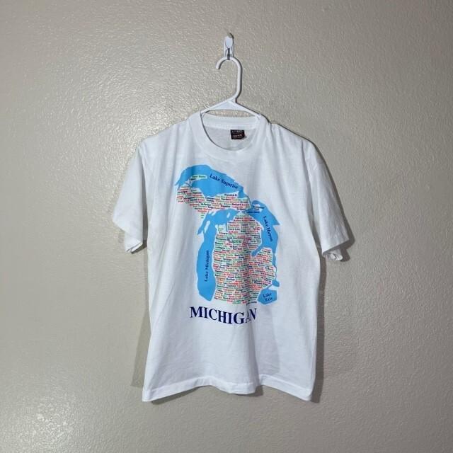 Vintage Michigan Shirt Mens Large Graphic Map Single Stitch USA Made White