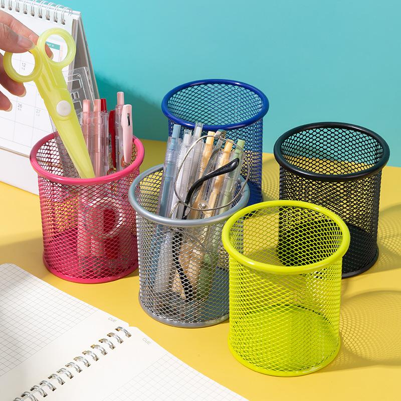 Iron Round Pen Holder -Multifunctional Student Desktop Storage Box with Grid Design,Suitable for Stationery and Cosmetic Storage