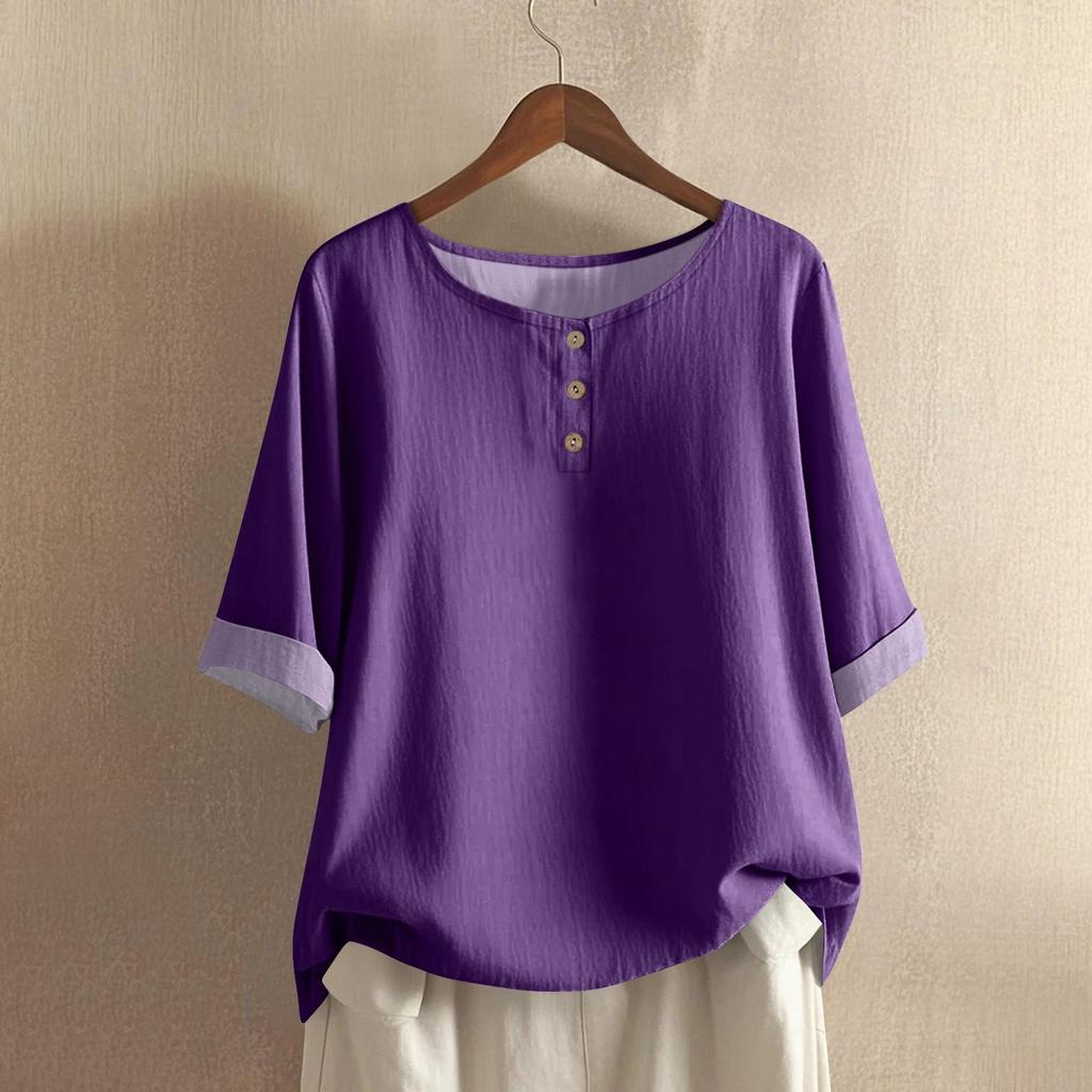 Women's Fashionable And Casual Shirt Half-sleeve Round Neck Solid-color Cotton And Linen Blouse Top