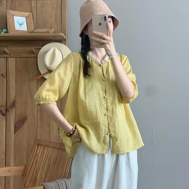 1116 literary and retro summer temperament beautiful short-sleeved loose cotton and linen women's shirt