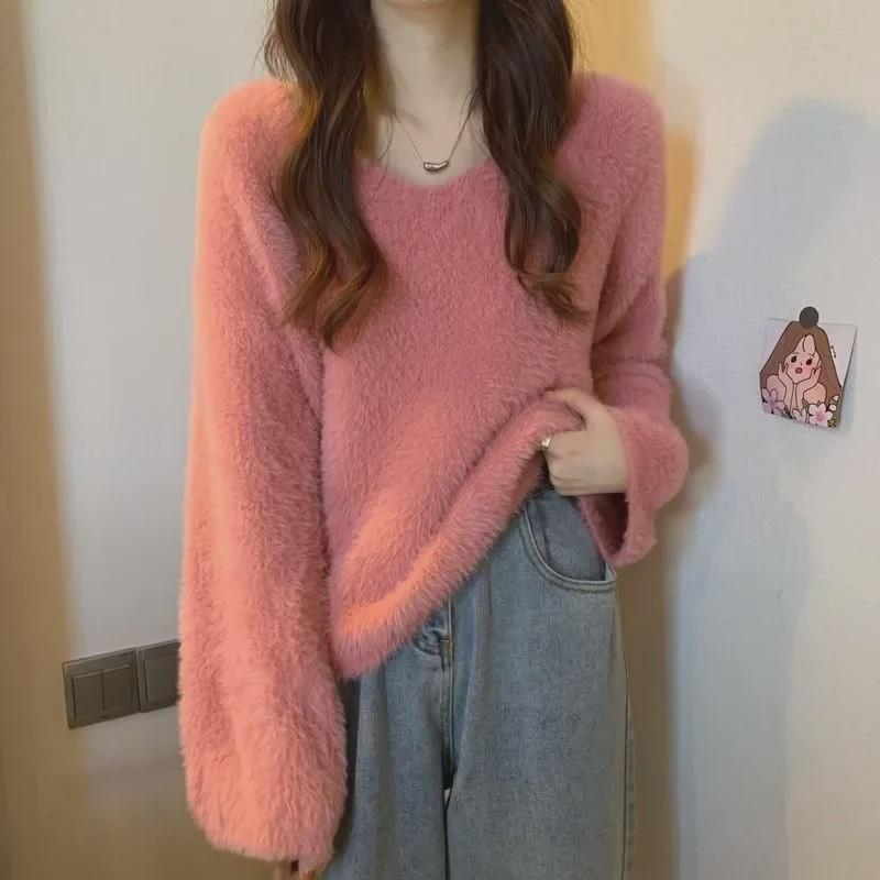 Women's Winter V-Neck Soft Knit Sweater - Gentle Style, Loose Mink Fur