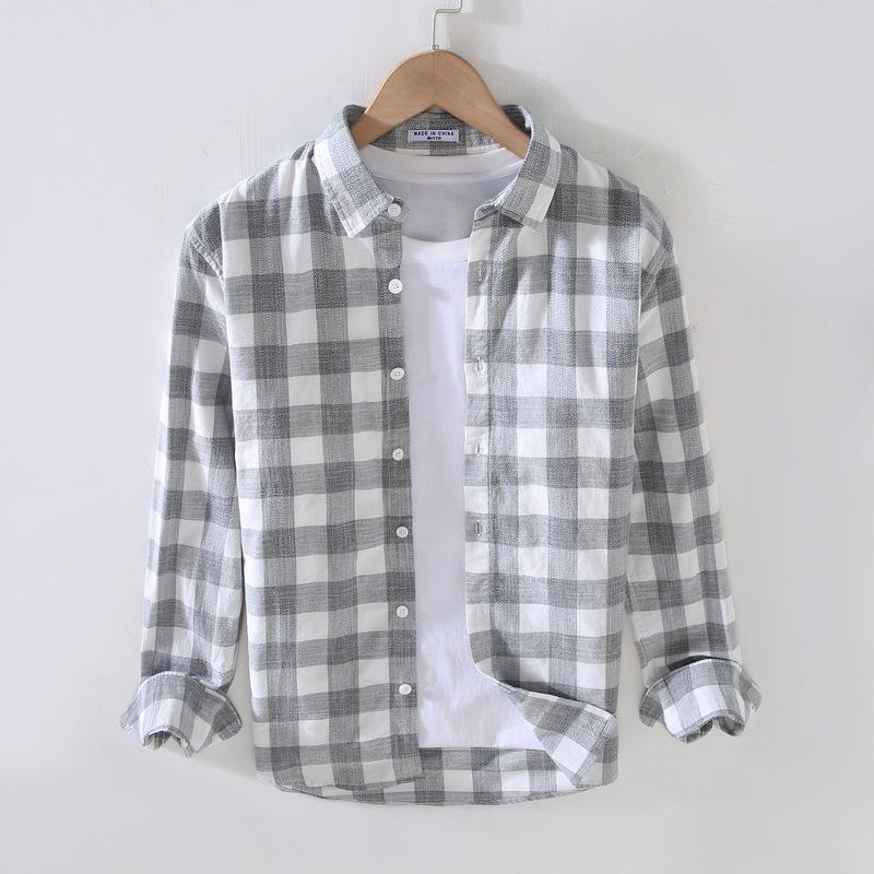 913 S/S Fresh Plaid Long Sleeve Shirt - Men's Casual Loose Fit Square Collar