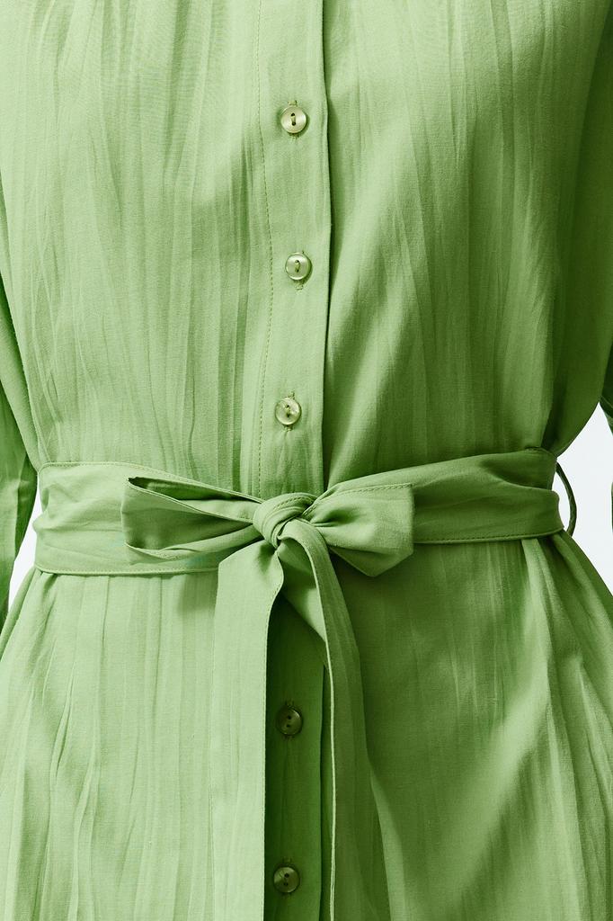Women's Fashion New Dress Green Belted Fabric Textured Mini Woven Shirt Dress