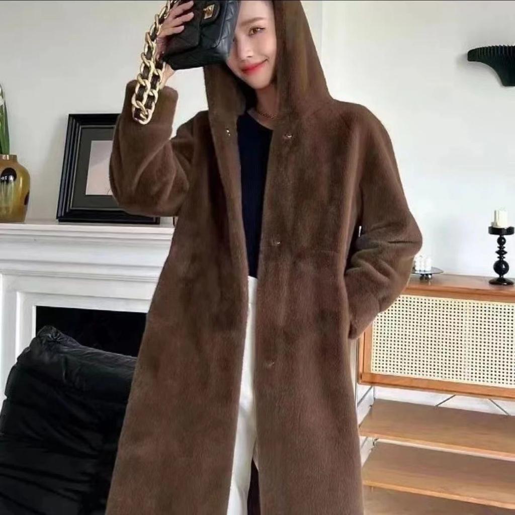 Hooded Plus Long Over the Knee Winter New Imitation Fur Mink Coat with Cotton Thickened Fur Coat