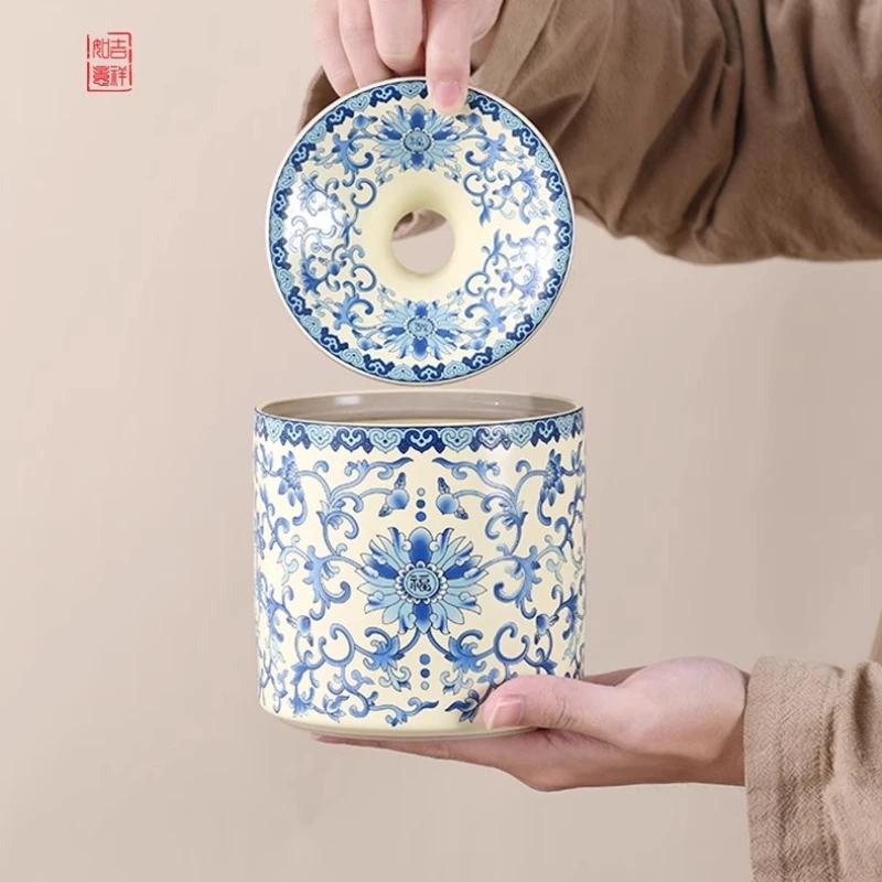 Blue and White Ru Kiln Wrapped Ashtray with Cover Fly Ash Proof Ashtray Ceramic Tea Residue Jar Tea Ceremony Accessories