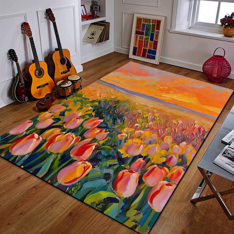 Sunset Field with Blooming Tulips Patterned carpet a non slip rug suitable for all seasons and any setting, gift