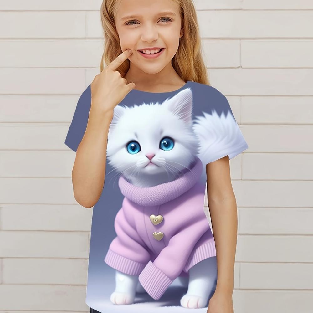 Футболка с милым принтом котенка для детей, с круглым вырезом и короткими рукавами, повседневная футболка для детей, для девочек, для летних видов спорта на открытом воздухе
