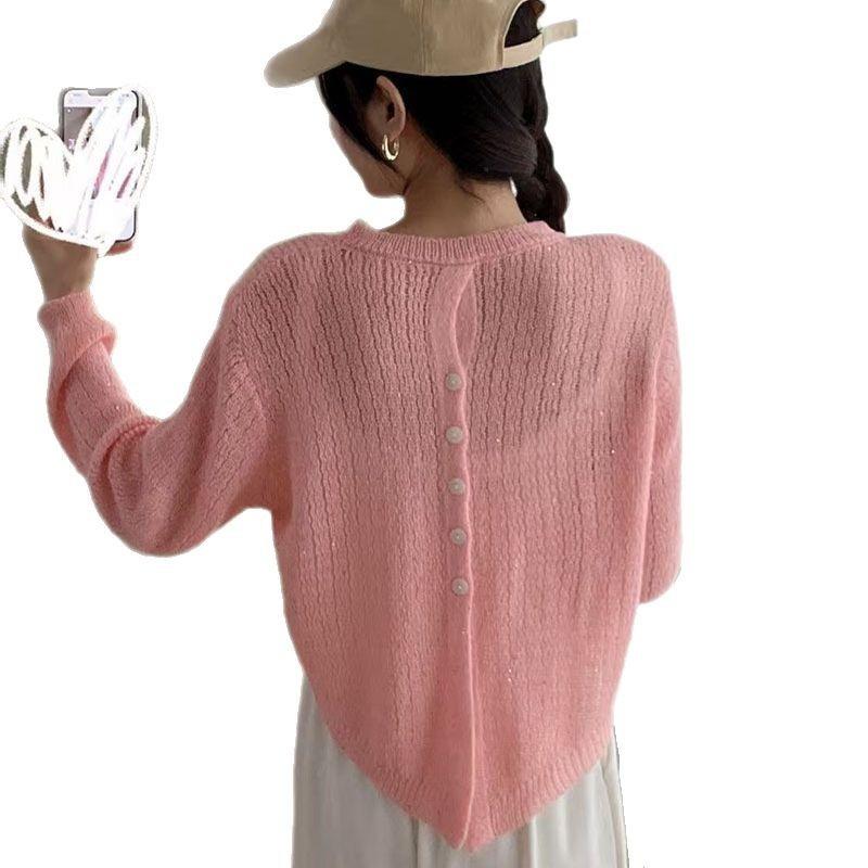 Spring New Back Button Design Knitted Blouse Women's Short Bright Silk Thin Sweater Long Sleeve Hollow Shirt