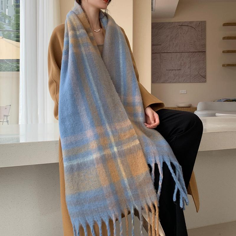 Winter New Scarf Women's Winter Thickened Warm Scarf Colored Plaid Fringed Scarf Shawl Fashionable Outer Cover