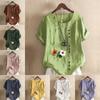 Women's Fashion Round Neck Short Sleeve T-shirt Casual Cotton Linen Graphic Shirt Leisure Loose Flowers Prined Summer Blouse Tops