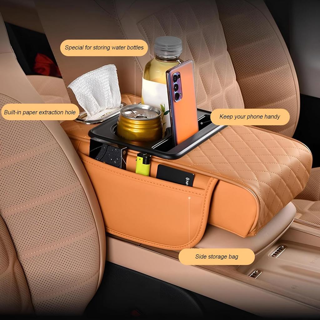 Car Center Console Armrest Pillow, Memory Foam Leather 4 In 1 Vehicle Arm Rest Cover With Tissue Box 2 Side Storage Bag Cup & Phone Holder, Auto