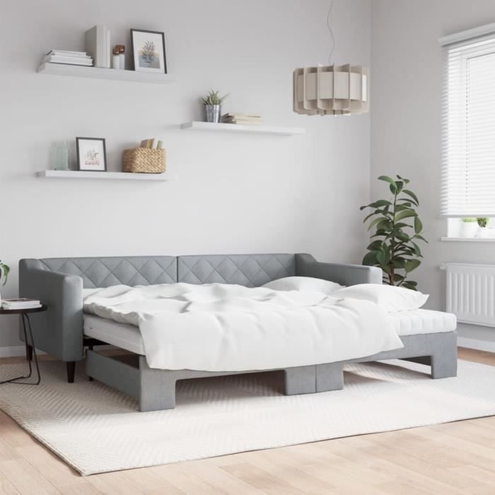 VidaXL Daybed with Trundle and Mattress Light Grey 90x200 Cm Fabric 3197444