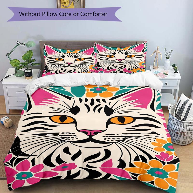 3PCs Cat Floral Print Design Cover Set, Breathable Fabric, Machine Washable (1 Duvet Cover + 2 Pillowcases) (Without Quilt) yy250911156