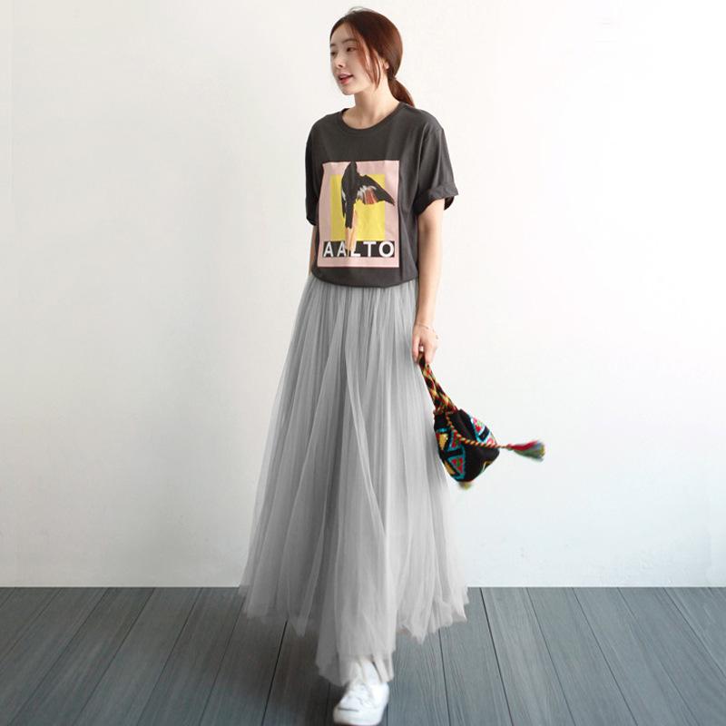 Spring Summer Vintage Tulle Skirt Women Elastic High Waist Mesh Skirts Long Pleated Tutu Skirts