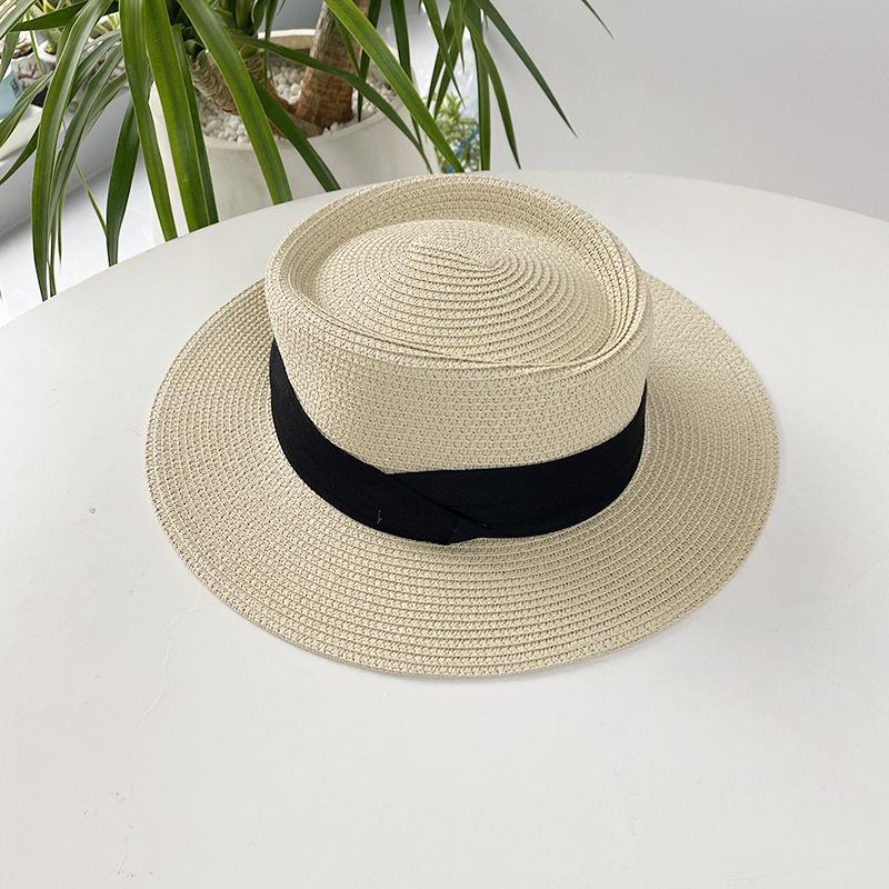 Spring Summer Flat Top Straw Hats For Women Round Bumpy Surface Fashion Bowknot Boater Cap Travel Beach Sun Hat