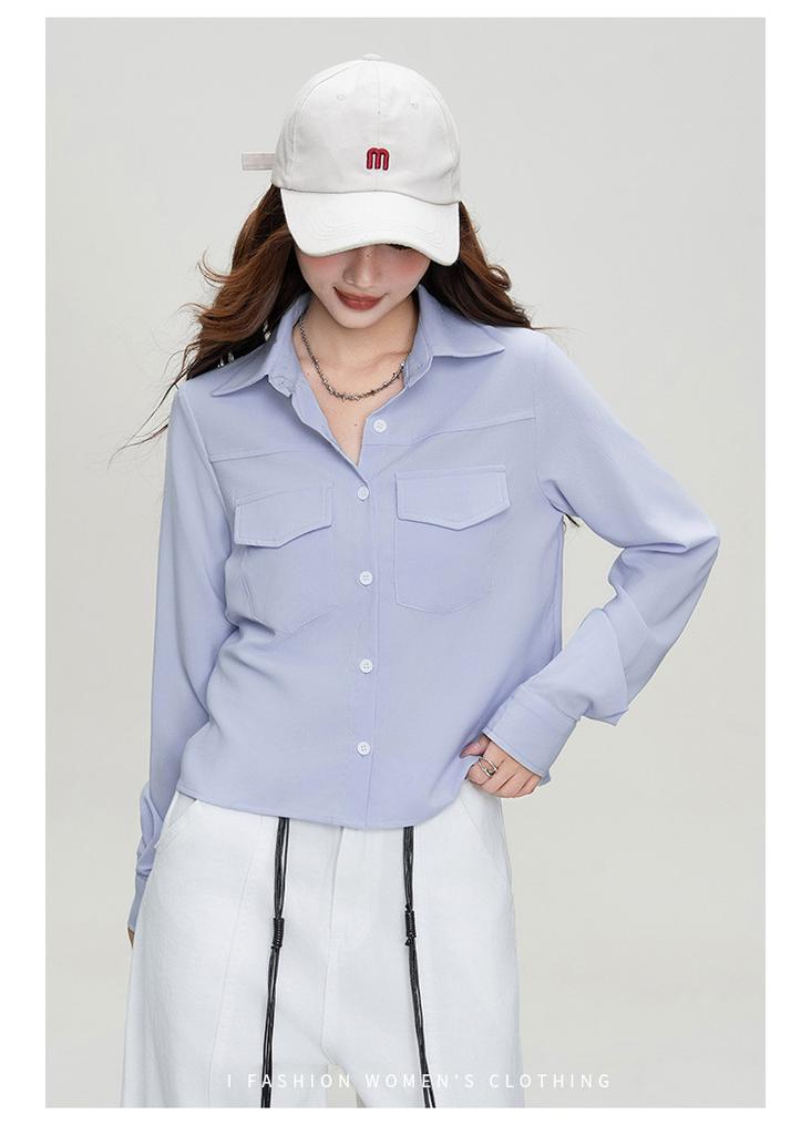 2025 Autumn Solid Color Casual Shirt Women's Fashion Versatile Loose Long Sleeve Short Top