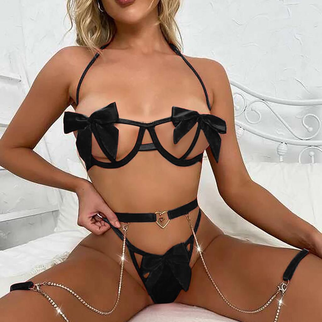 Женское сексуальное женское белье с ремешком и бантом, цепочка с открытой спиной, комплект из трех предметов