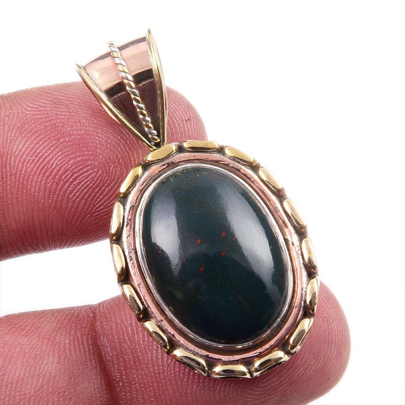 Natural Bloodstone Gemstone 925 Solid Sterling Silver TwoTone Pendant 1.50" N7f62
