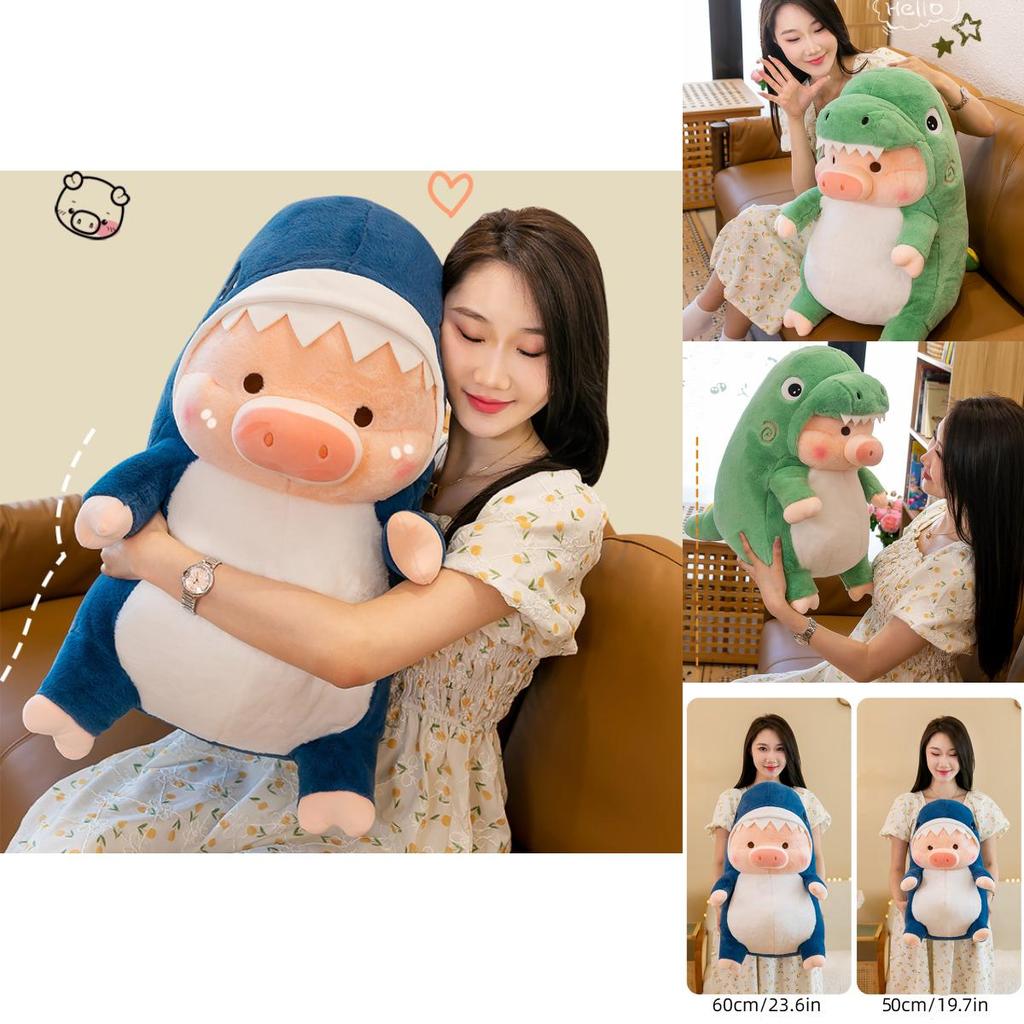 Green And Blue Jurassic Pig Doll Pillow Fluffy Stuffed Toy For Children And Adults