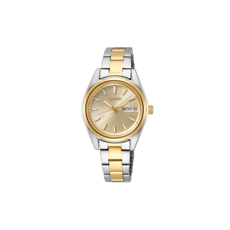 Seiko Женские часы SUR354P1, водонепроницаемость 100 м, кварцевый механизм, стальной ремешок, золотой циферблат
