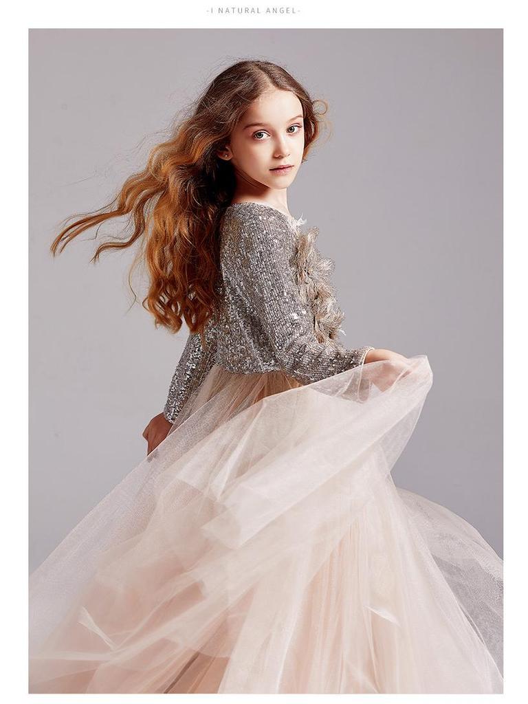 Девочковое блестящее платье-пачка принцессы, с длинным рукавом, для выступлений и банкетов