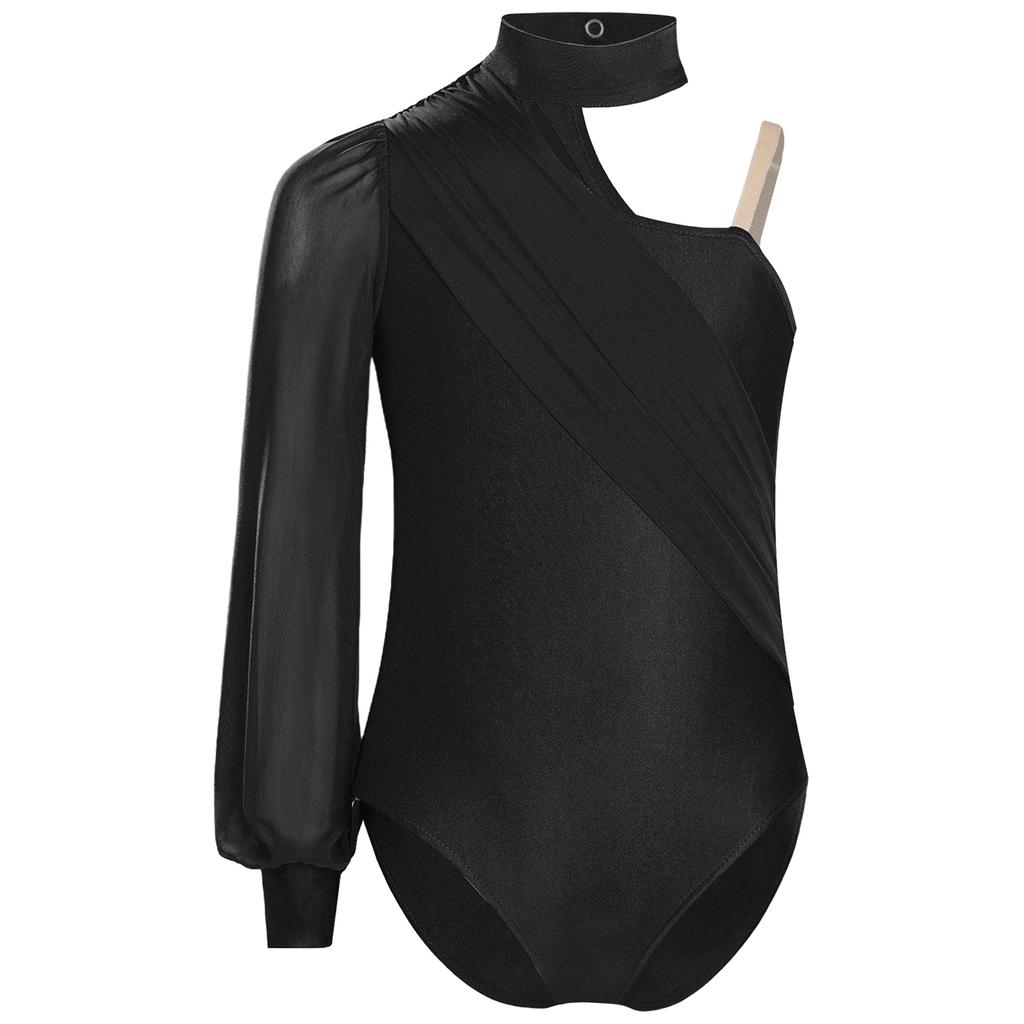 Girls One Shoulder Dance Leotard Stage Performance Costume Mock Neck Long Sleeve Ruched Mesh Overlay Bodysuit for Kids Gymnastics