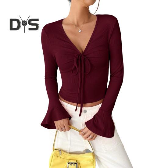 Женские топы с V-образным вырезом, расклешенные, с длинным рукавом, на шнуровке, пуловеры, облегающие, однотонные, повседневные топы, универсальная повседневная одежда