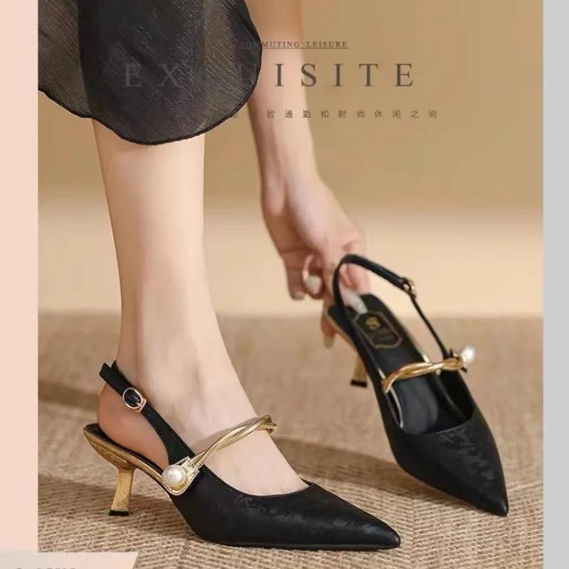 2024 Новые летние модные туфли с острым носком и жемчугом, женские сексуальные босоножки на высоком каблуке, женская обувь для банкета