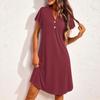 Women's Fashion Flare Short Sleeve V Neck Pajamas Casual Button Solid Color Dresses
