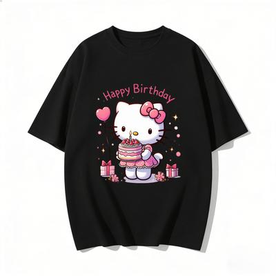 Новая футболка с мультяшным принтом Hello Kitty "С Днем Рождения", семейные matching-наряды, повседневная футболка с коротким рукавом для женщин, унисекс, детская