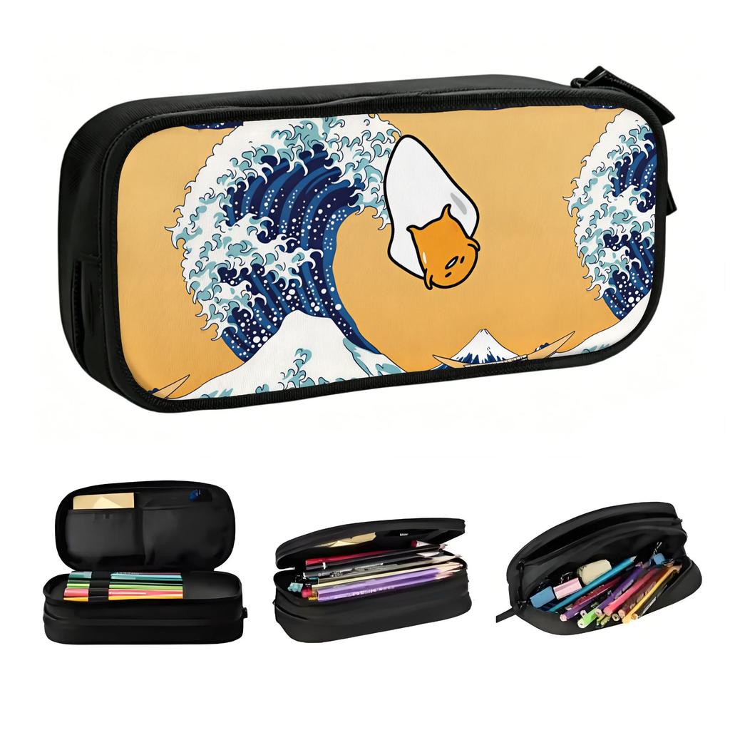 Ukiyoe Style Gudetama Surfing The Great Wave Korean Pencil Case Boys Girls Large Storage Cartoon Pencil Box Students Stationery