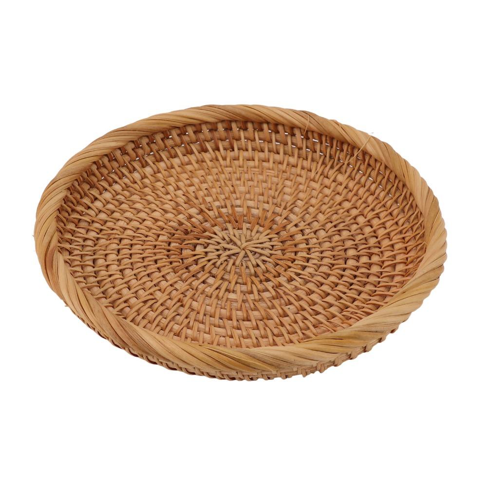 Fiber Material Storage Tray Sturdy Texture Raised Surrounding Edge Organizer Plate Tightly Woven Round Serving Tray