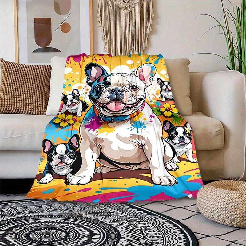 French Bulldog pattern fleece blanket suitable for sofas beds offices camping a seasonal gift for all seasons, in bright colors