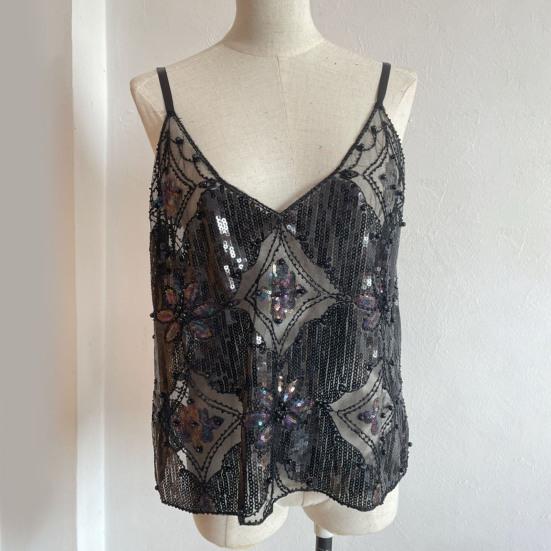 Женский летний жилет с V-образным вырезом, без рукавов, сетчатый, блестящий, с открытой спиной, с пайетками и кружевом, топ свободного кроя, майка на бретелях с бисером