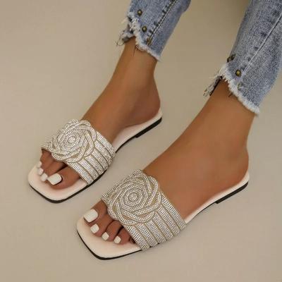 Модные женские тапочки Лето Новая мода С открытым носком Римские туфли для женщин Стразы Сексуальные шлепанцы на плоской подошве Слайды Zapatos Mujer