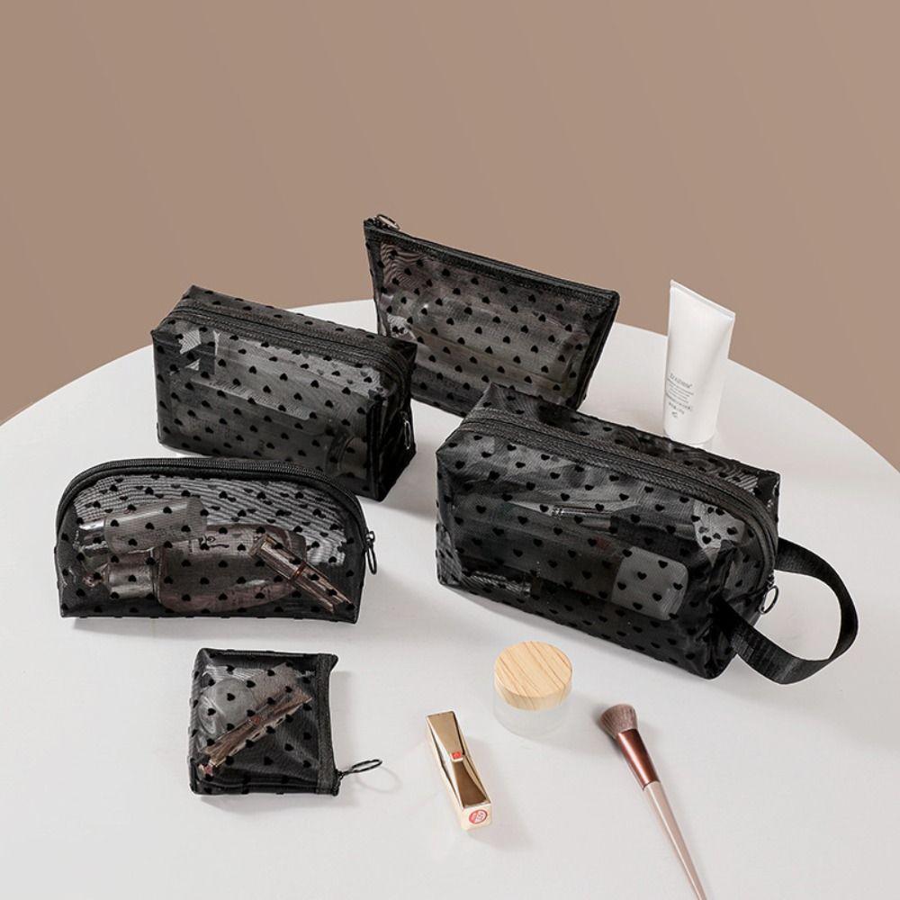 Wave Point Transparent Cosmetic Bag Large Capacity Love Heart Mesh Makeup Bag Cute Travel