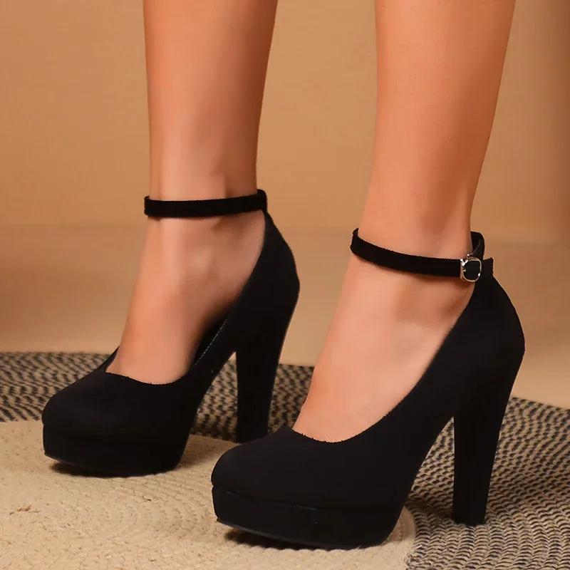 Sexy Super High Heels Shoes for Women Ankle Buckle Chunky Platform Pumps  Black Flock Square Heel Party Shoes Large Size