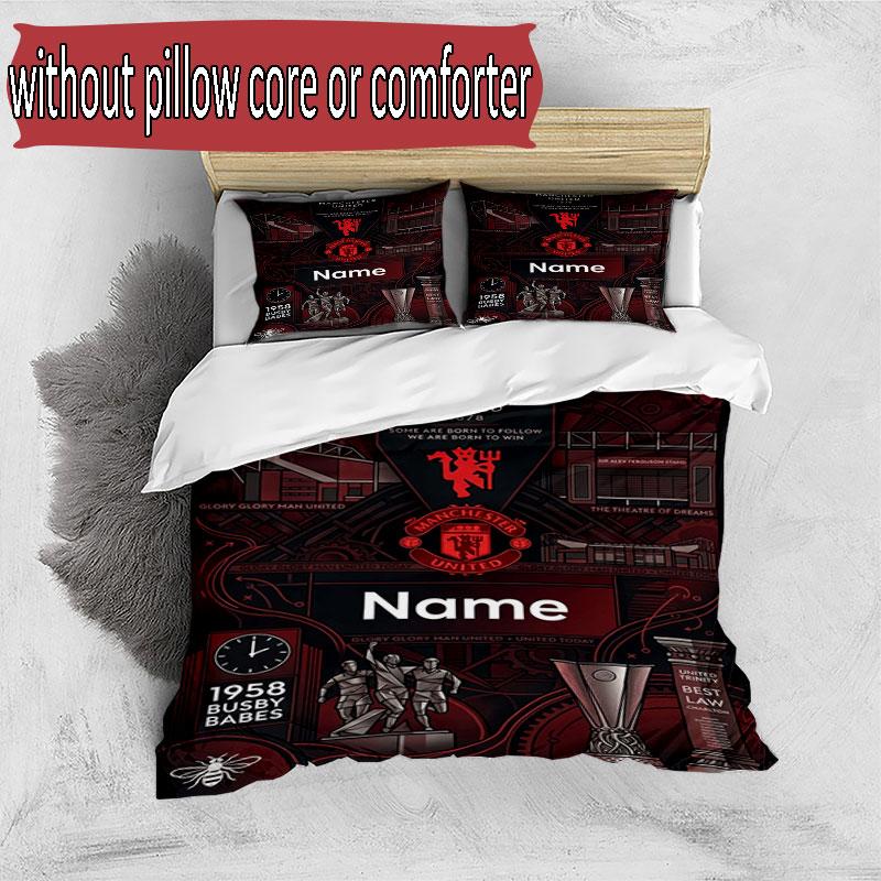 3pcs Duvet Cover Set (1*Duvet Cover + 2*Pillowcase, Without Core), Custom Name Manchester United Pattern Bedding Set, Home Bedroom Decor Gift