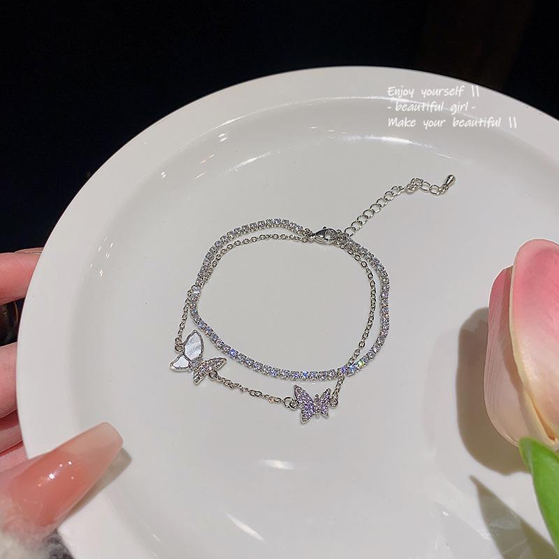 Women's Double Layer Zircon Butterfly Bracelet - Korean Light Luxury Jewelry for Students and Girlfriends