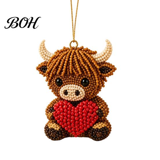 Stress Relief Craft DIY Highland Cow Beading Kit, Cute 3D Bead Pendant Handmade Ornaments with Colorful Beads And Instructions, Beadwork Kit