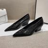 Fashion 2025 Fall and Winter Slope Heel Pointed Toe V Mouth Women's Single Shoes Black 4cm Women's Shoes Middle Heel Retro Granny Shoes