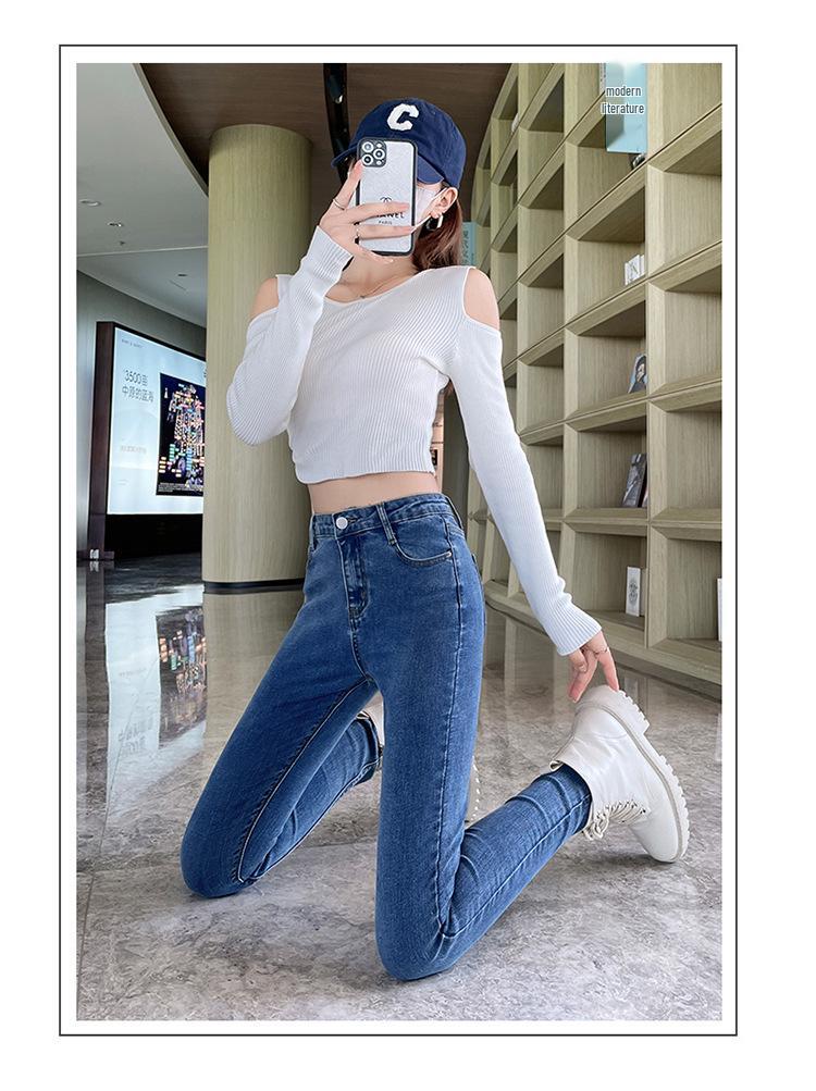 Женские джинсы скинни с высокой талией - Темно-синие, Эластичные, С начесом, Мода Весна 2024.