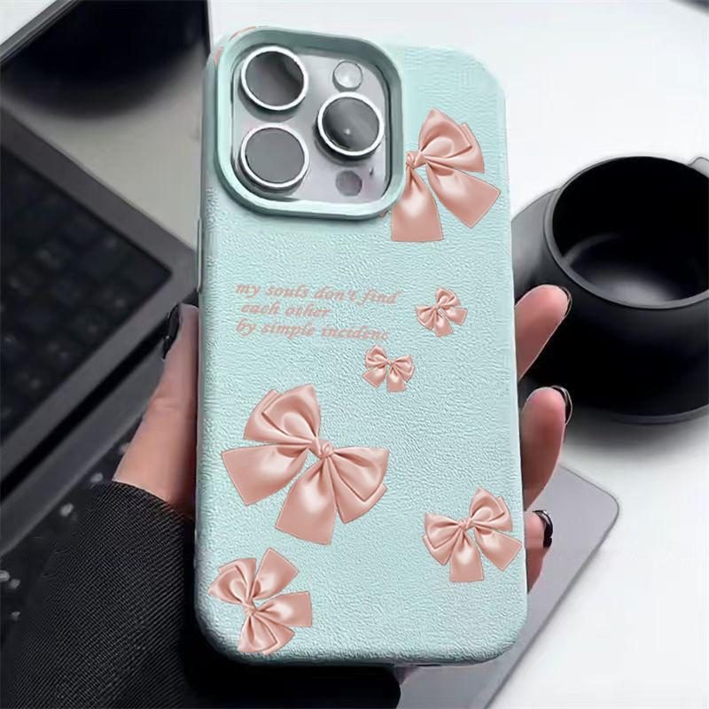 Pink Bowknot Print Soft Matte Case For iPhone 16 Pro Max 15 Pro 14 13 12 11 Solid Color Shockproof TPU Leather Texture Slim Phone Cover