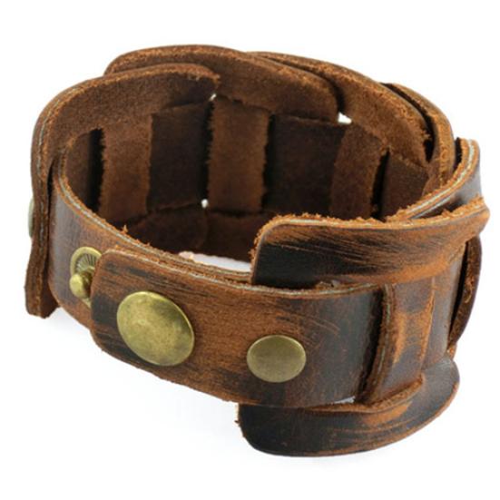 Retro Weave Faux Leather Wristband Snaps Fastener Bracelet Men's Jewelry Gift