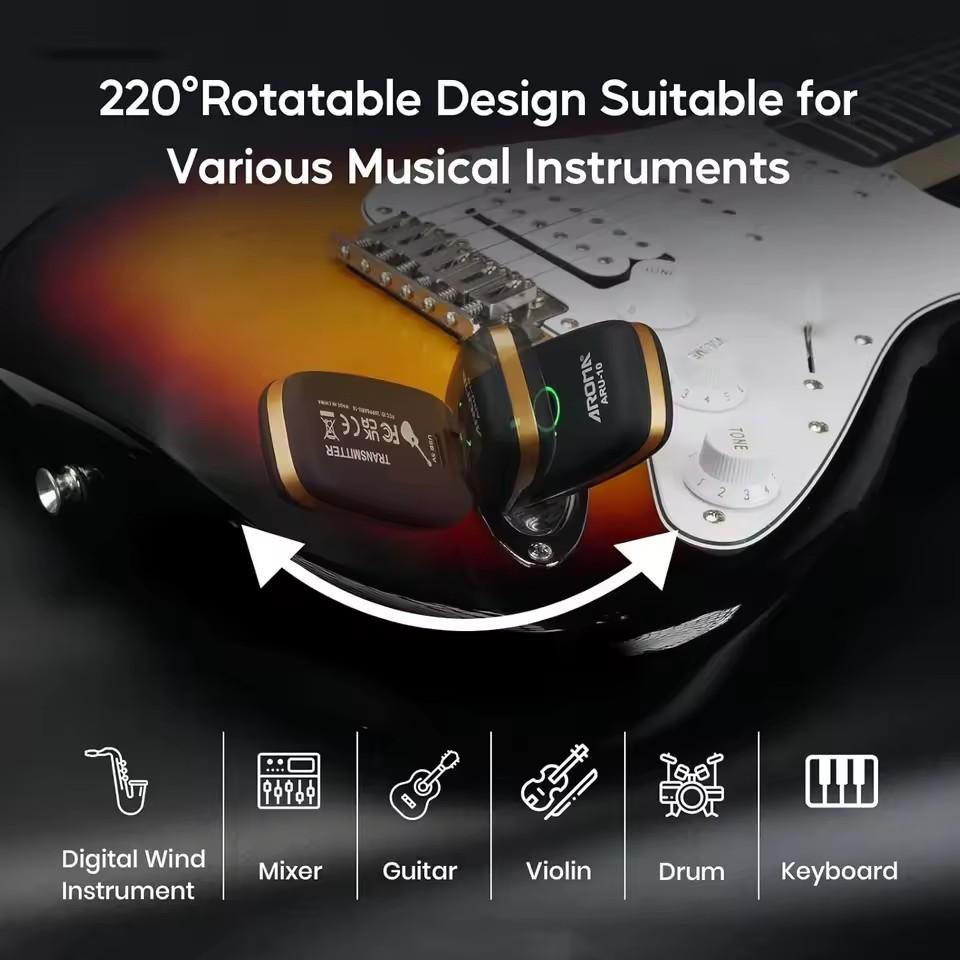 Aroma ARU-10 UHF Wireless System Rechargeable Audio Wireless Guitar Transmitter Receiver Support 7 Channels for Guitar Bass